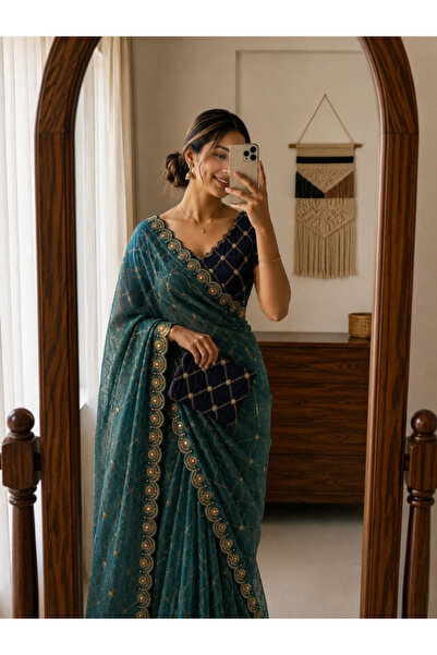 MYSMAR Green Georgette Embroidered Saree with Maroon Blouse - KTS9911-Green