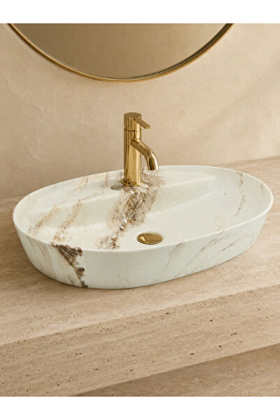 yediyapı Beyaz Gold Mermer Desenli Tezgah Üstü Seramik Çanak Lavabo 60x42,5x1...