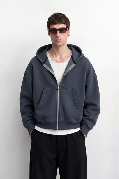 TWILIT Oversize Basic Fermuarlı Sweatshirt Hırka Kapüşonlu Hoodie %100 Pamuk ...