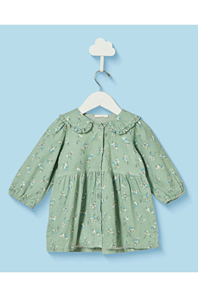 REDTAG Infant Girls Green Floral Corduroy Dress