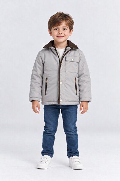 AHENGİM Boy's Velvet Collared Quilted Lined Coat with Zipper Pockets Casual W...