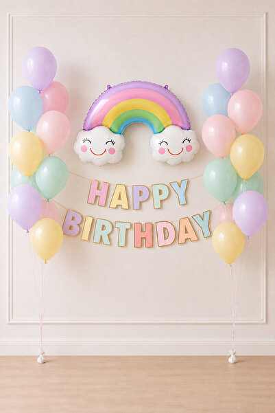 BalonArt Gökkuşağı Temalı Doğum Günü Parti Seti Makaron Balon Ve Happy Birthd...