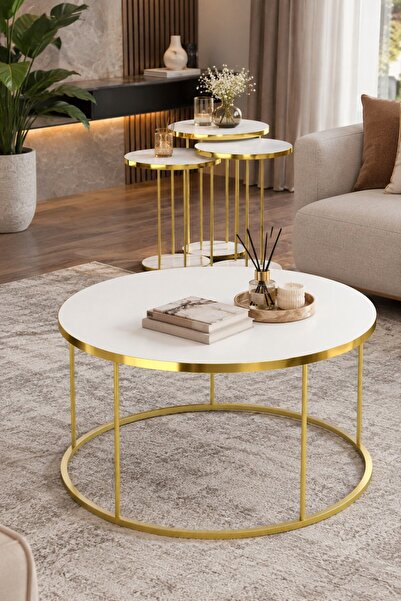 SuloraHome 4'lü Beyaz ve Gold Metal Ayaklı Sehpa Seti