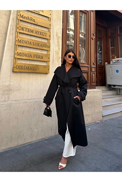LE CARAMBOLE Women's Black Double Breasted Belted Trench Coat