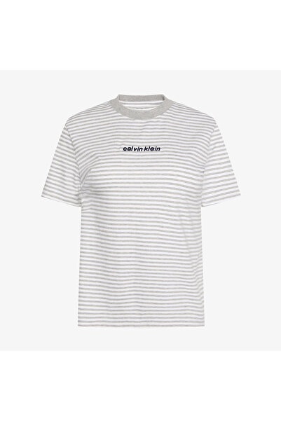 Calvin Klein Classic Stripe Logo Kadın Gri T-Shirt