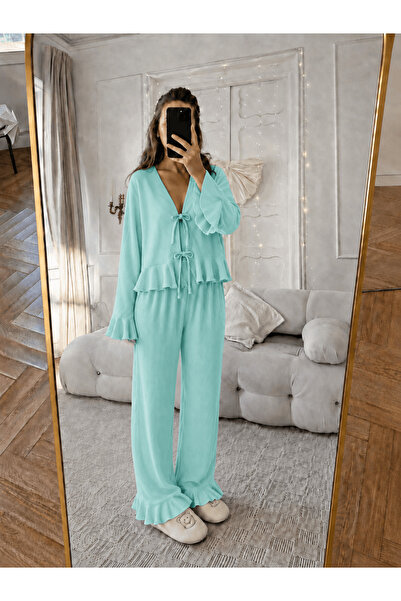 Hepsi Moda Fitilli Bağlamalı Pijama Takımı - Su Yeşili