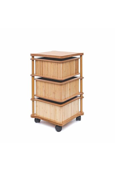 MİHMAN HOME Bambu Kare 3 Katlı Tekerlekli Çok Amaçlı Ahşap Patates Soğan Sepeti