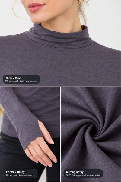 Yalçınoğlu Kids Women's 100% Viscose Finger Detail Turtleneck Long Sleeve Bodysuit – Flexible, Soft Textured, Stylish and Comfortable for Daily Use