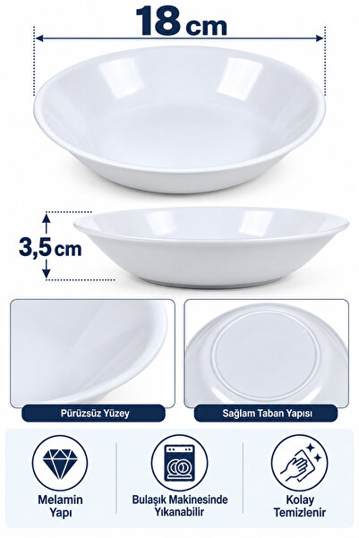 Binbirreyon 6 Adet Çukur Melamin Tabak 18cm Beyaz Lokanta Ev Tipi Tabak RA677