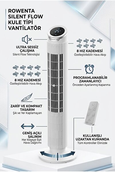 Rowenta Kumandalı Silent Flow Effitech 8 Kademeli Sessiz Kule Tipi Vantilatör...