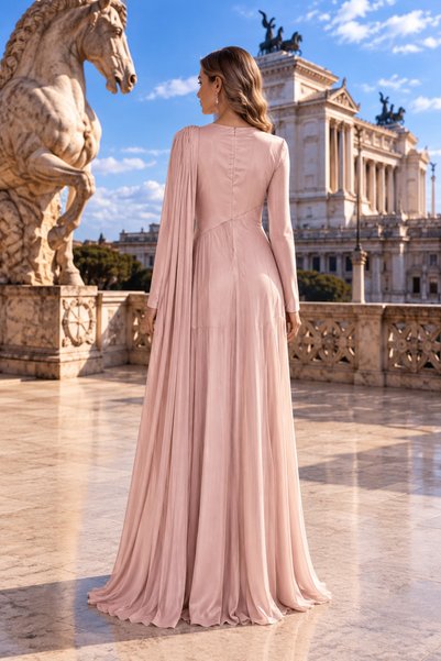 Hennin Sequin Embroidery Detailed Cape Evening Dress