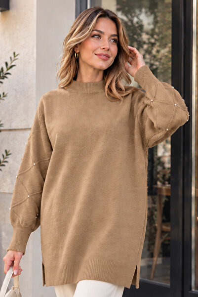 benguen Kolları Taş Detaylı Triko Kazak K6033 Camel