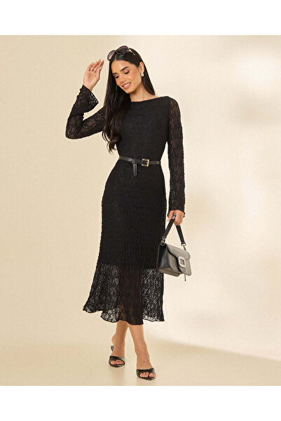 REDTAG Women Black Lace Long Sleeve Midi Dress