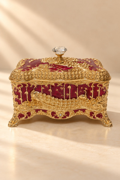 RASHA COLLECTION Red Gold Peacock Embroidered Decorative Jewelry Box