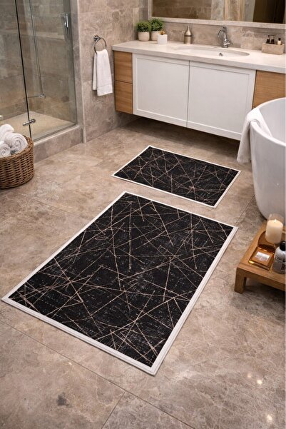 Mulberry Modern Striped Frame Bath Mat with Non-Slip Base, Soft, Set of 2