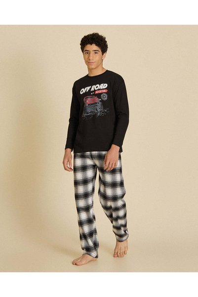 REDTAG Senior Boys Black Printed Night Suit