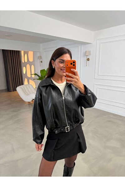 Elif Özbey Butik Siyah Beli Kemerli Deri Ceket