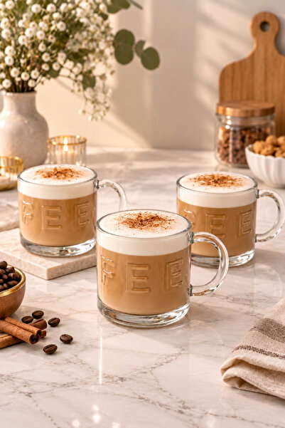YzHome 3 Lü Cam Kulplu Coffee Kahve Bardağı Bardak Kupa 320ml