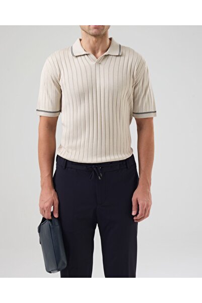 TerziAdemAltun Italian Style Slim Fit Polo Collar Knitwear T-Shirt Beige T14430