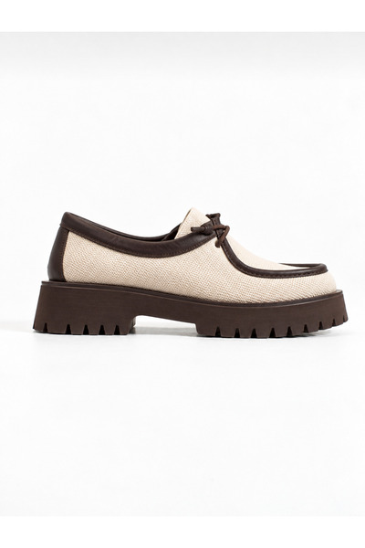 KM shoes Kadın Bej Kahve Bağcıklı Kalın Taban Günlük Loafer Ayakkabı