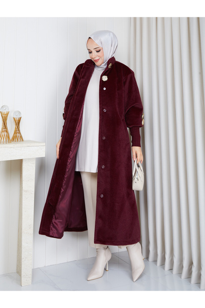 KMKkombin Stand-Up Collar, Ribbed at the Hem, Gold Button Detail, Fok Fabric, Stylish Coat/Jacket