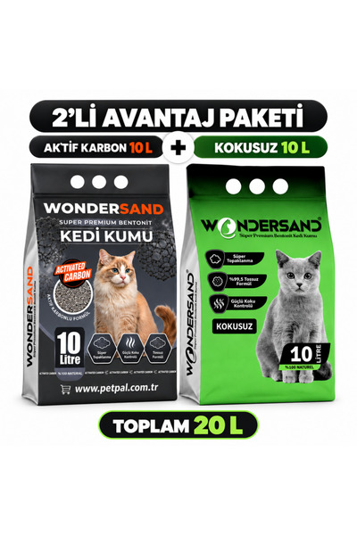 wondersand Kedi Kumu Aktif Karbonlu 10 Lt + Kokusuz 10 Lt İnce Taneli Bentoni...