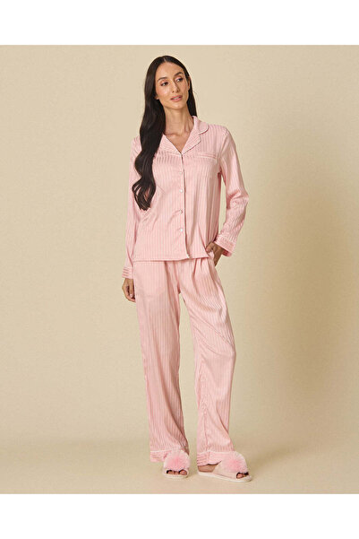REDTAG Women Pink Dobby Stripe Satin Pyjama Set