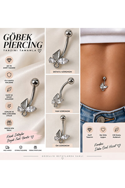 316L Çelik Kadın Gümüş Kelebek Taşlı Göbek Piercing – Zirkon Taşlı Şık Tasarım