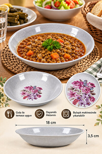 Binbirreyon 6 Adet Çiçek Desenli Melamin Tabak Seti 18cm Gri Lokanta Ev Tipi Çukur Tabak RA671