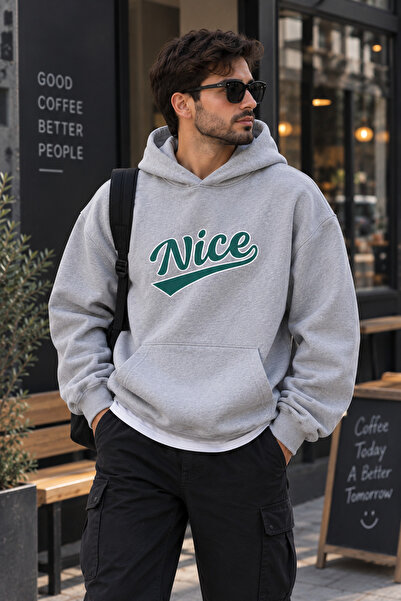 Harmandar Nice Baskılı Kanguru Cepli Kapüşonlu Sweatshirt Hoodie