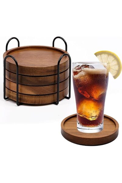Yelajoy 4 Pcs Wood Coasters for Drinks Absorbent, Wooden Coasters with Holder...