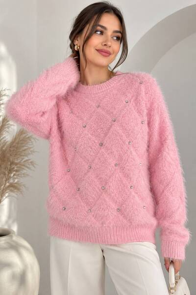 ikomteks Women's Bearded Thread Pearl Stone Detailed Diamond Patterned Knitwe...