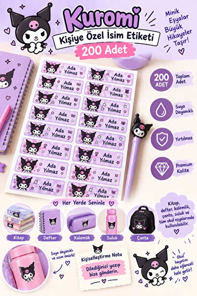 StickerLAB Kuromi Temalı Kişiye Özel İsim Etiketi 200 Adet | Suya Dayanıklı Y...