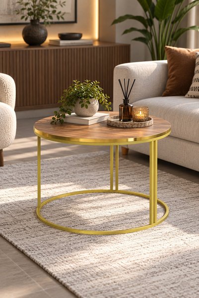 SuloraHome Ceviz Desenli Yuvarlak Orta Sehpa Gold Metal Ayaklı 70 cm