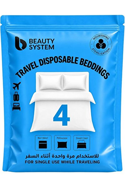BEAUTY SYSTEM Travel Disposable Bedding Set, 4-Piece Bed Sheet, Pillowcase & ...