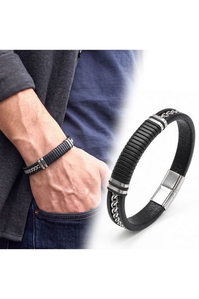 FM 💎   Premium Shiny & Stylish Black Leather 316L Steel Chain Lockable Men's...