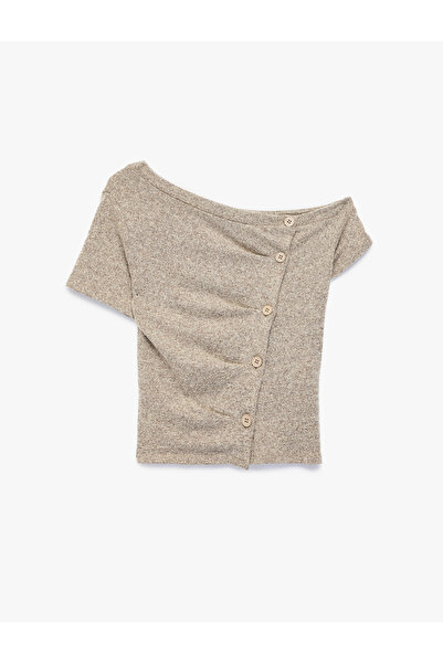 Koton Short Sleeve Buttoned Draped Asymmetrical Boat Neck Blouse