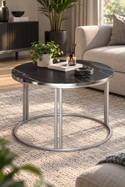 SuloraHome Siyah Mermer Desenli Yuvarlak Orta Sehpa 70 cm
