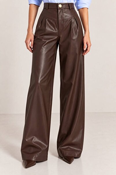 Grenj Fashion Καφέ παντελόνι από συνθετικό δέρμα με ψηλή μέση, φαρδιά μπατζάκ...