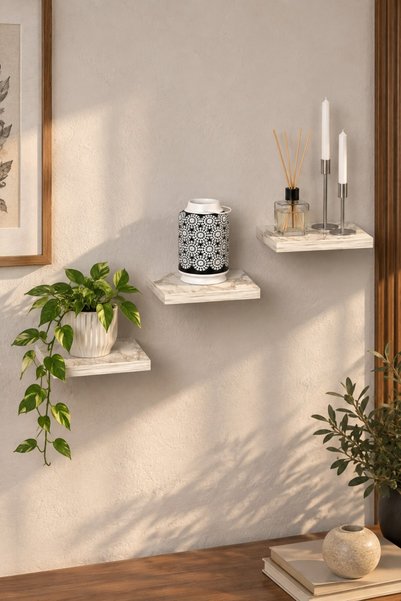 SuloraHome 3'lü Kare Duvar Rafı Seti - Mermer Desenli Beyaz