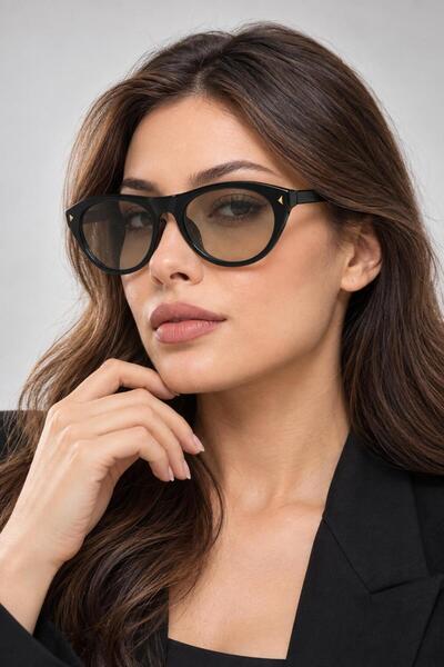 ModaLucci Unisex Retro Oval Güneş Gözlüğü Siyah Çerçeve Vizon Cam Şık Tasarım