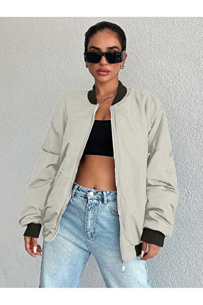 Genel Markalar Kadın Oversize Bomber Mont Fermuarlı Kolej Yaka Günlük Mevsiml...