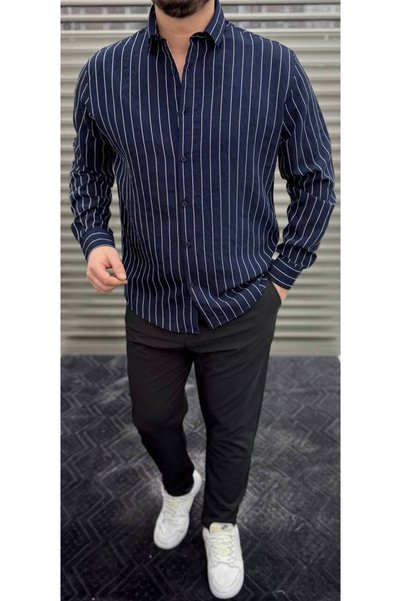 Thebomb Men's Striped Drawstring Cotton Shirt