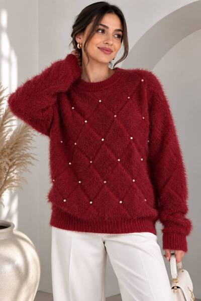 ikomteks Women's Bearded Thread Pearl Stone Detailed Diamond Patterned Knitwe...