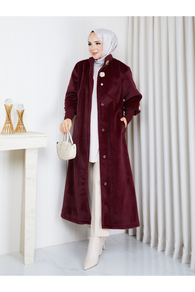 KMKkombin Stand-Up Collar, Ribbed at the Hem, Gold Button Detail, Fok Fabric, Stylish Coat/Jacket
