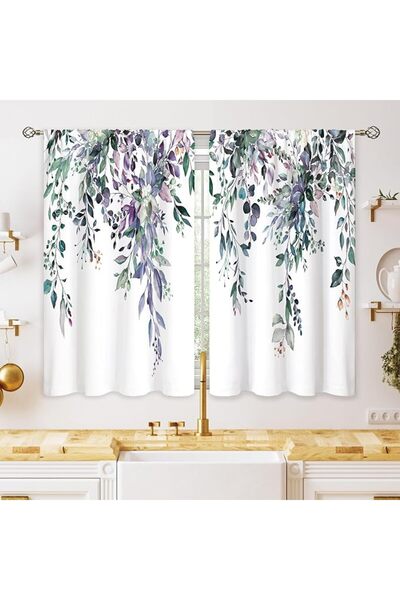 GENERAL Eucalyptus Botanical Leaves Blue Purple Floral Kitchen Window Curtain...