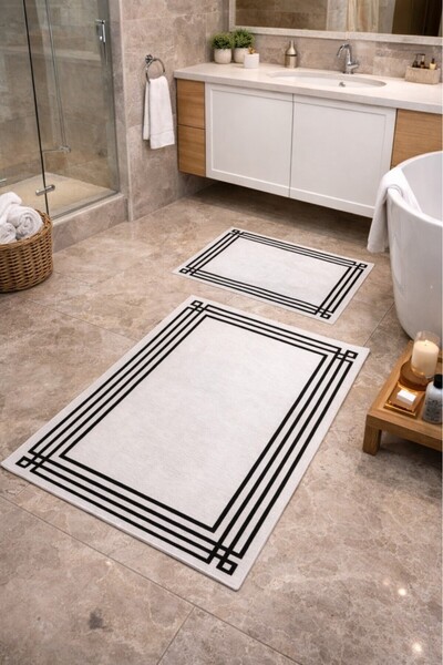 Mulberry Modern Striped Frame Bath Mat with Non-Slip Base, Soft, Set of 2