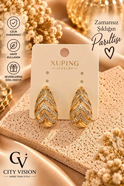 cityvision Oval Model Stone Gold Color Stainless Steel Earring Set