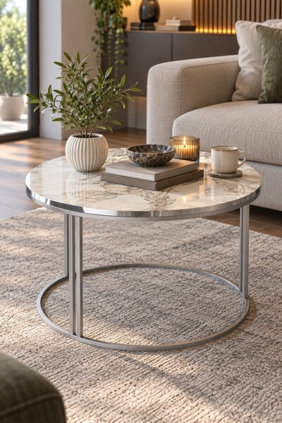 SuloraHome Efes Beyaz Mermer Desenli Yuvarlak Orta Sehpa 70 cm