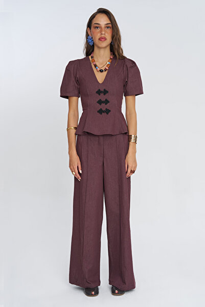 Orfeo Negro Women's V-Neck Button Detailed Balloon Sleeve Blouse
